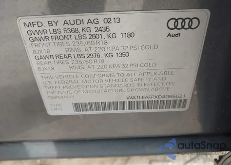 2013 Audi Q5 2.0T Premium из США, поврежденный, VIN WA1LFAFPXDA065521